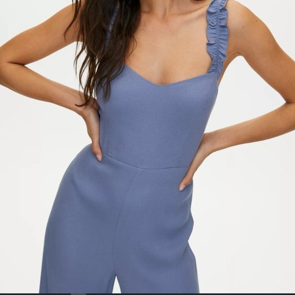 Aritzia Sunday Best Flirt Ruffle Jumpsuit Size 8 Granite Blue Wide leg - Picture 3 of 11
